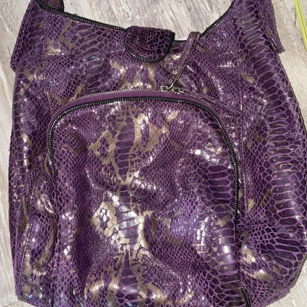 MARK bag by Avon snakeskin purple metallic pattern twisted short drop handle EUC